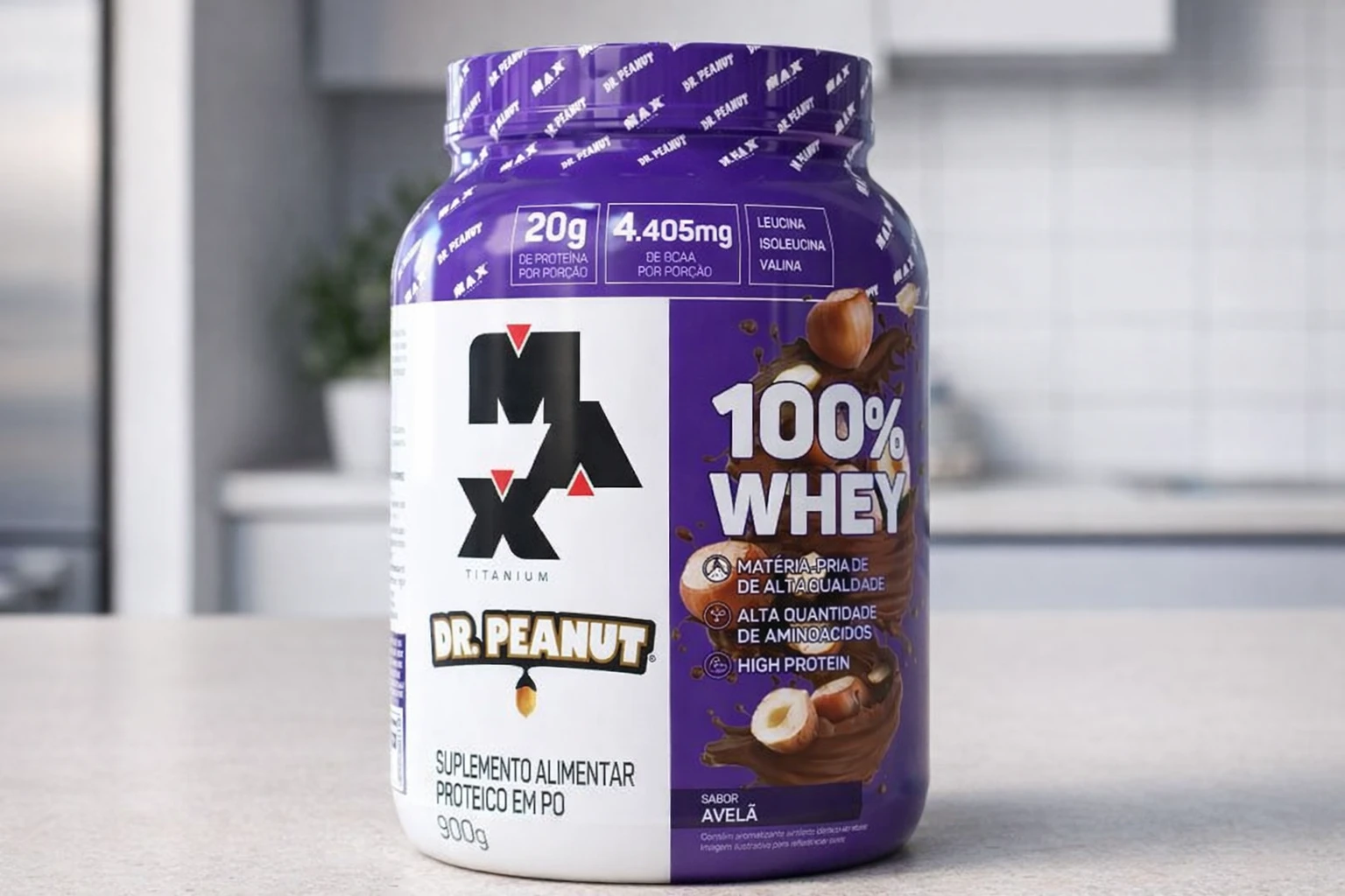 Avaliação básica do 100% Whey Max Titanium x Dr. Peanut (900g) sabor Avelã