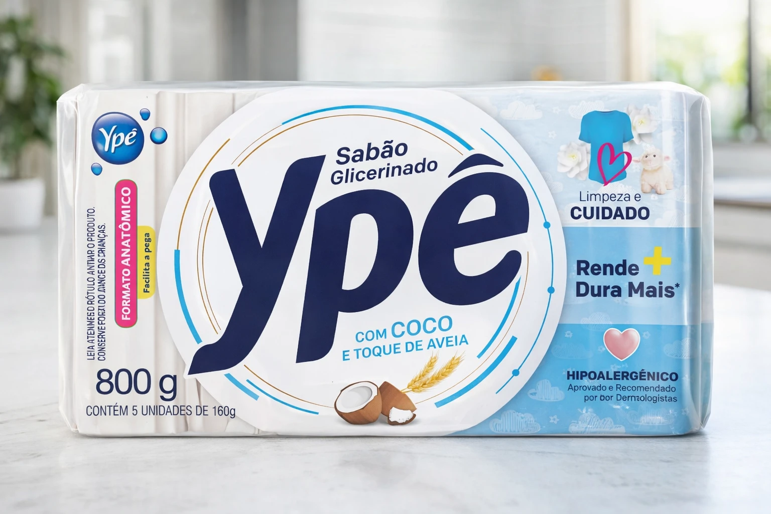 Kit com 5 Sabões em Barra Ypê Glicerinado de Coco e Aveia para Limpeza Delicada