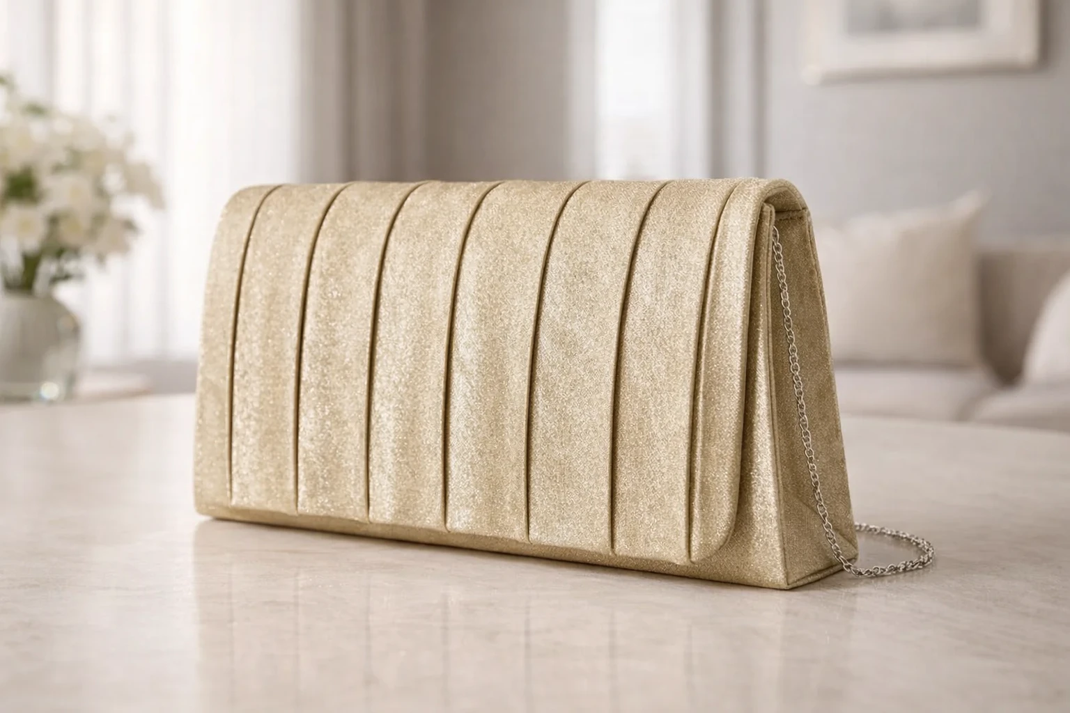Bolsa Clutch Acetinada para Eventos: Luxo e Brilho em Tom Champagne