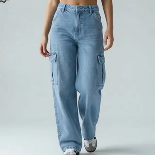 Calça Jeans Wide Leg Cargo Preta Feminina Cintura Alta