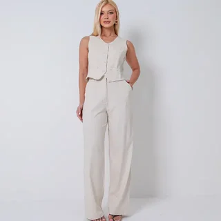 Conjunto Feminino Calça Pantalona E Colete Em Linho Social