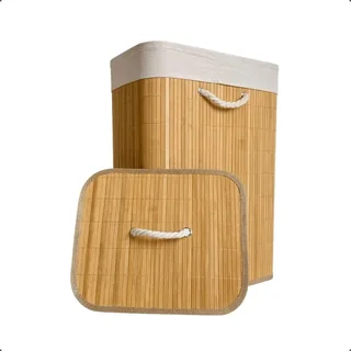 Cesto de Roupa Bambu de 72L com Tampa e Forro