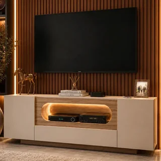 Rack Tv Off White Com Nicho Curvo Com Led Amadeirado