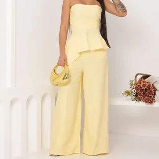 Conjunto Blusa Assimétrica Calça Pantalona Marrant Feminina Amarelo