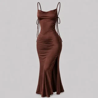 Vestido Justo Longo Costas Nuas Fenda Lateral Colado Preto Marrom Único 36-42