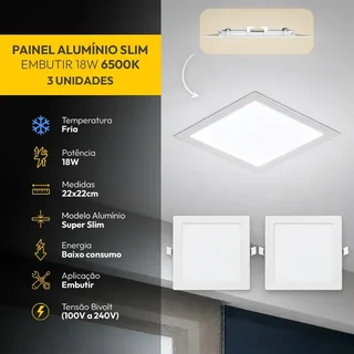 Kit 3 Painel Led Plafon Aluminio Embutir Quadrado 6500K