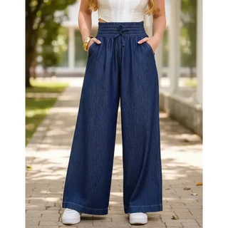 Calça Jeans Feminina Pantalona Wide Leg Com Elástico No Cós