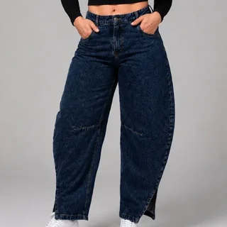 Calça Jeans Barrel Baggy Balloon Cós Magico Fenda Lateral Azul Escuro Stone