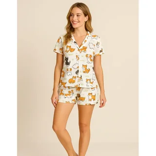 Baby Doll Pijama Feminino Estampado Americano Botões