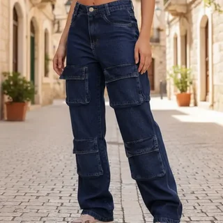 Calça Wide Leg 4 Bolsos Frontais Cargo Jeans Moda Feminina