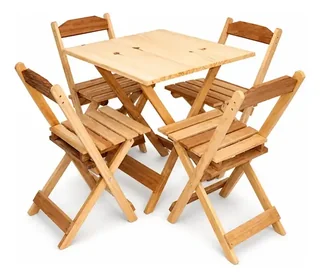 Jogo Conjunto Mesa Dobrável 70x70 C/4 Cadeiras Madeira