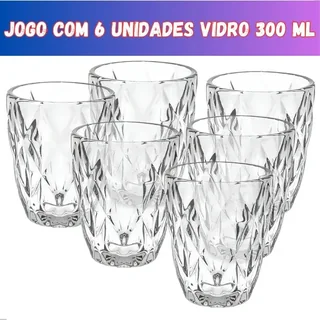 Jogo 6 Copos Vidro Diamante Grosso Resistente Agua 300ml