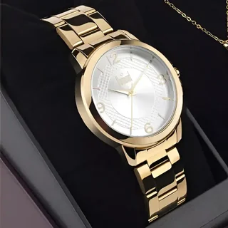 Kit de Relógio Feminino Dumont Dourado com Semijoia Aço e 38 mm