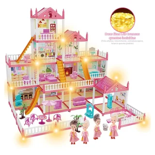 Casinha De Boneca Castelo Da Princesa 283 Pcs Rosa Com Quatro Bonecas