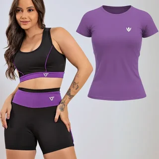 Kit Conjunto Fitness Feminino + Camiseta Roupa Academia Roxo Liso G