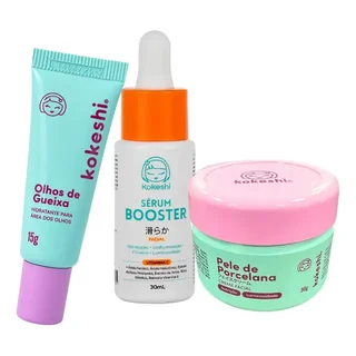 Kit facial Kokeshi com sérum booster vitamina C creme pele de porcelana e hidratante para os olhos