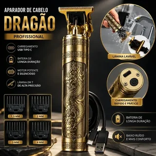 Máquina De Cortar Marca Rave Peak Cabelo Sem Fio Barbeador Eletrico Aparador De Pelos Acabamento Motor Profissional 4 Pentes Recarregavel Usb Tipo C Dourada