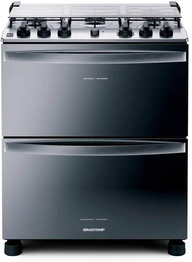 Fogão Brastemp 5 Bocas Duplo Forno Cor Inox Com Botões Removíveis E Exclusivo Aro Protetor - BFD5NCR 220V
