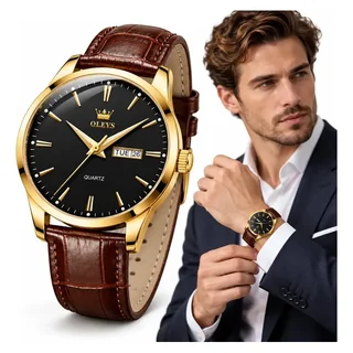 Relógio Masculino Olevs Dourado Couro Marrom