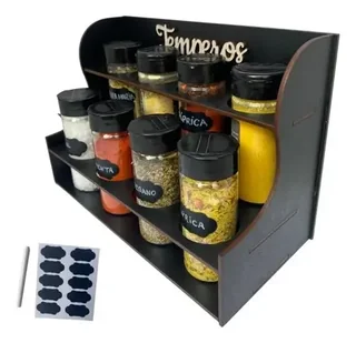 Porta Temperos E Condimentos Luxo 8 Potes Mais Etiquetas Preto