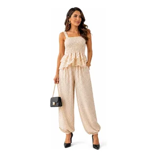 Conjunto Feminino Poá Calça Aladim Blusa Batinha Bolinhas Bege Único