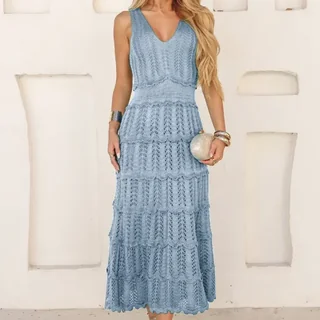 Vestido Midi Feminino Tricô Verão Crochê Babados Festa Praia