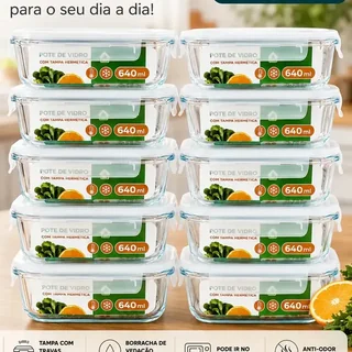 Kit 10 Pote De Vidro Marmita Hermetico 640ml