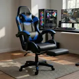 Cadeira Gamer Profissional Escritório Com Apoio Para Pés Azul Couro Sintético