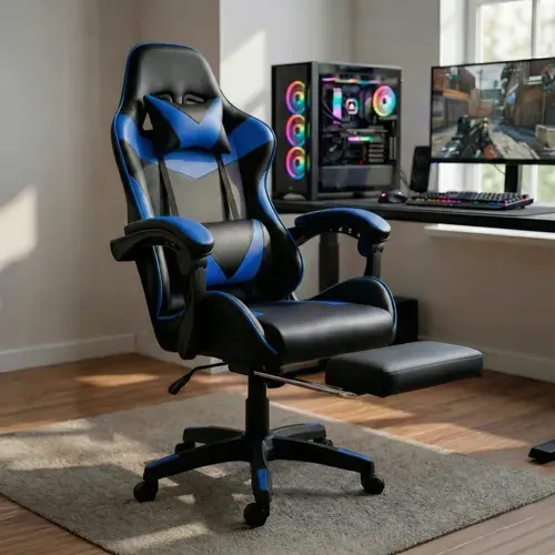 Cadeira Gamer Profissional Escritório Com Apoio Para Pés Azul Couro Sintético